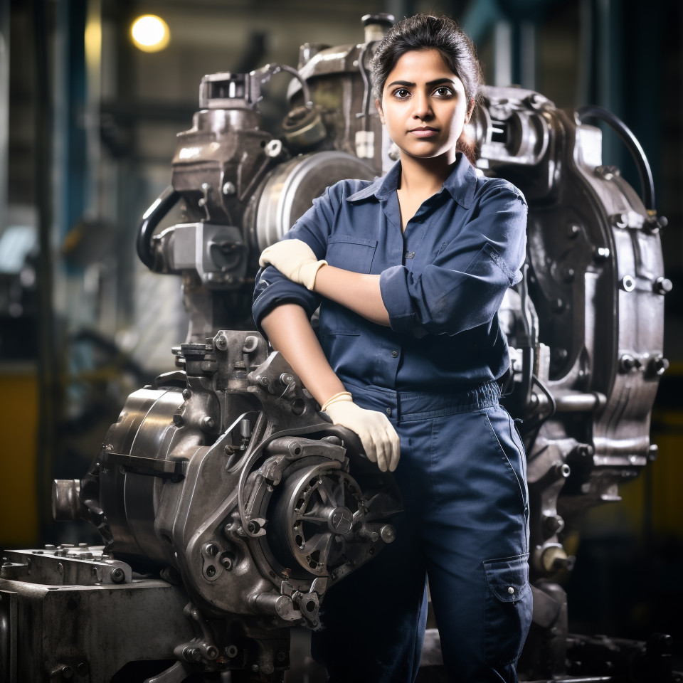 Confident indian woman machinist working in a blurred background