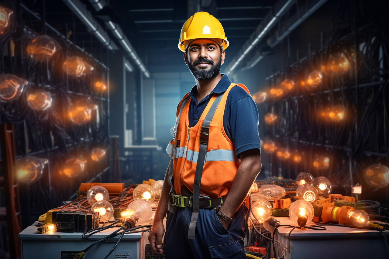Indian electrician working with a smile on blurred background