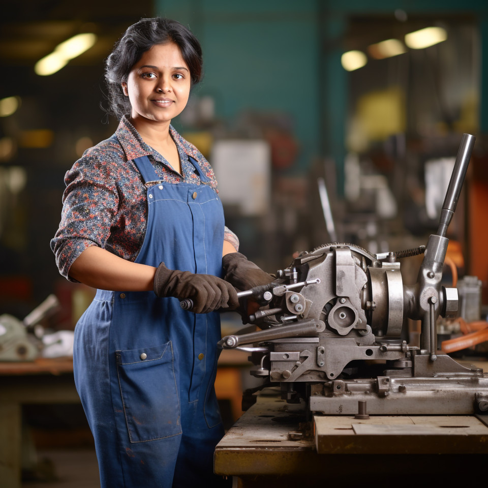 Indian female tool and die maker at work on blurred background
