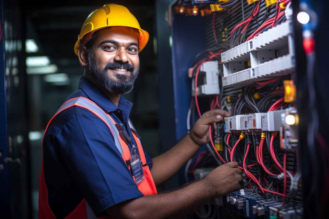 Indian electrician working with a smile on blurred background