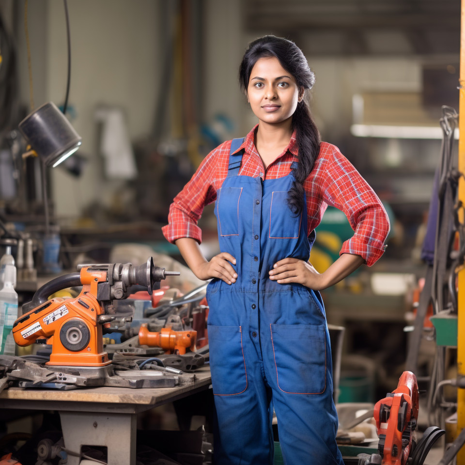 Indian female tool and die maker at work on blurred background