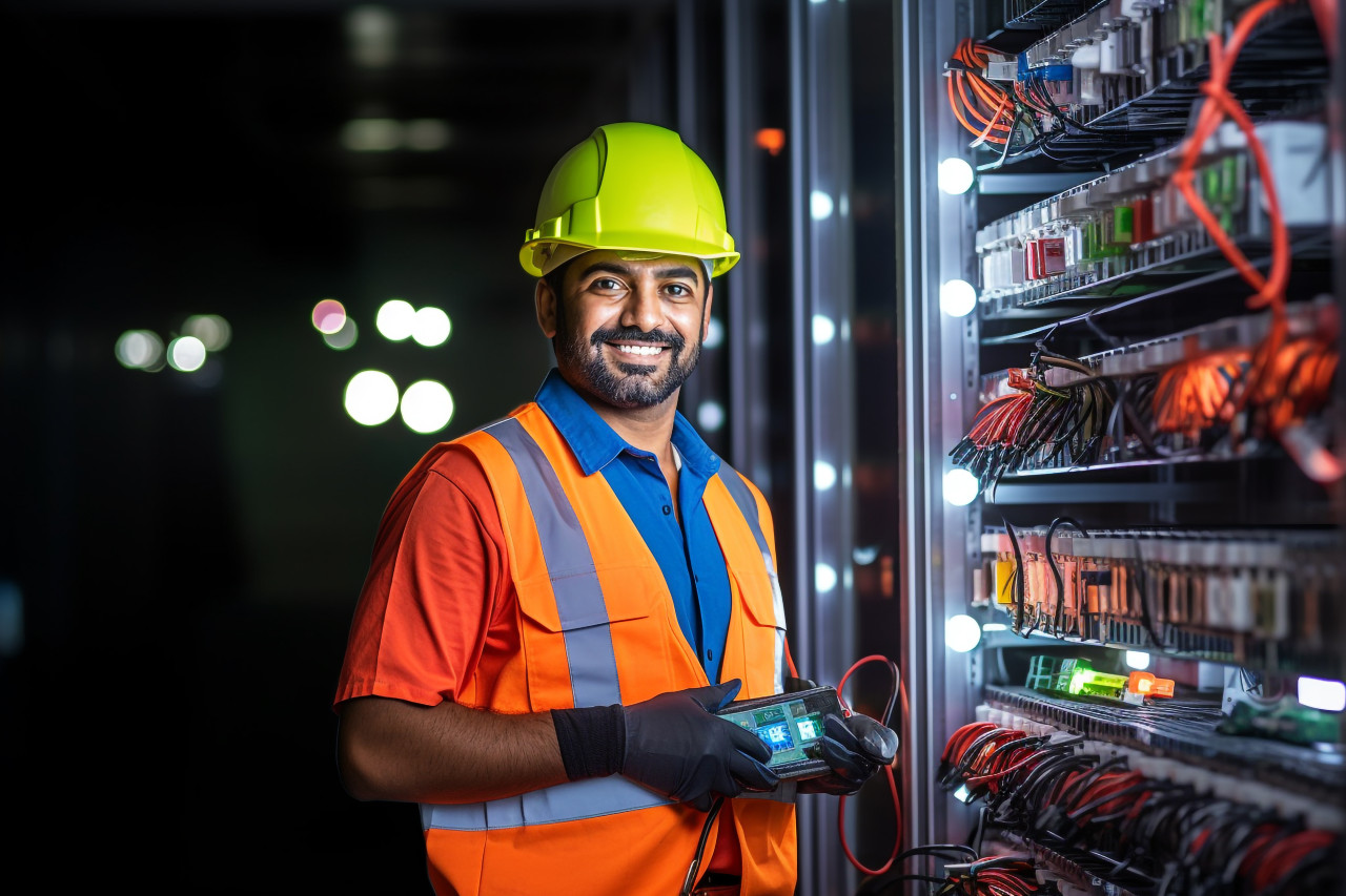 Indian electrician working with a smile on blurred background