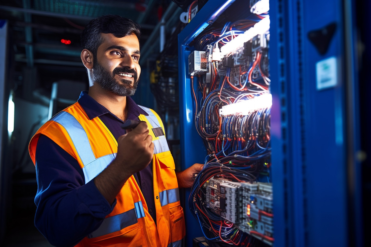 Indian electrician working with a smile on blurred background