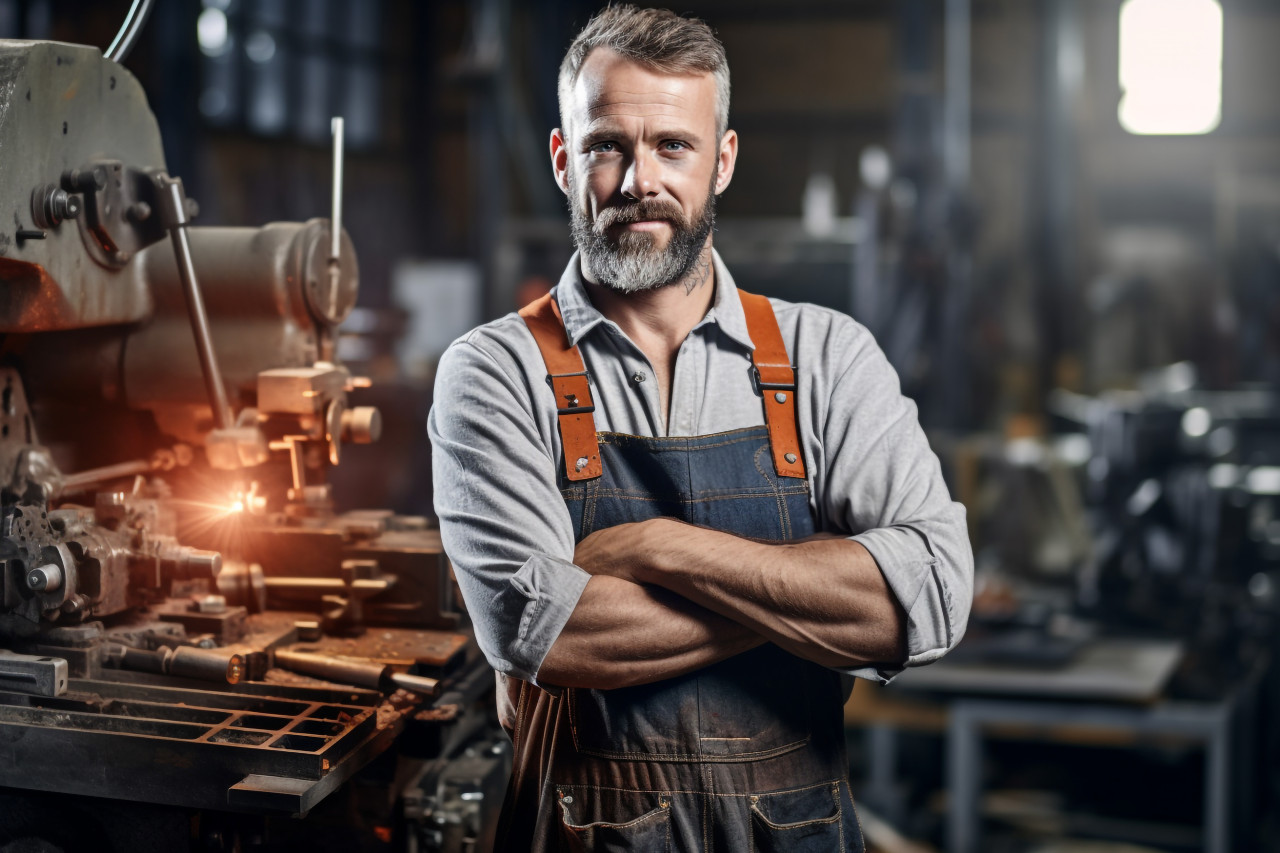 Skilled tool and die maker focused on work on blurred background