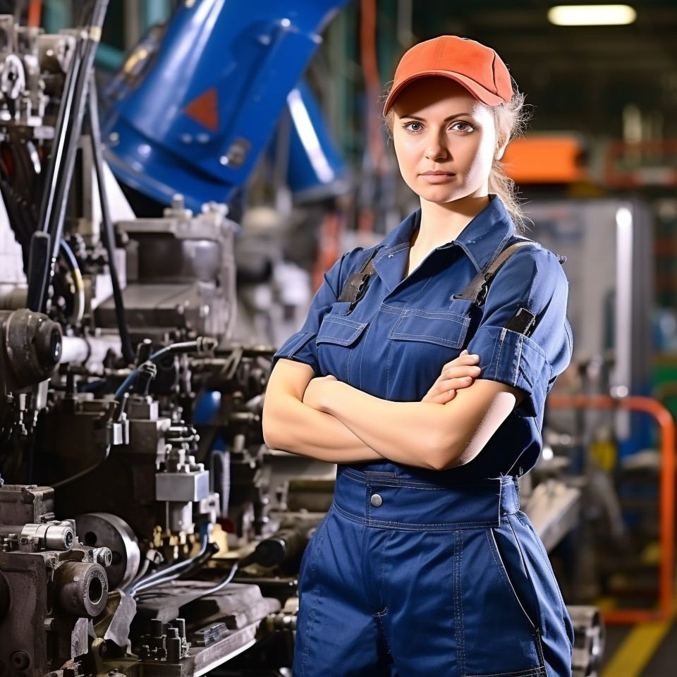 Female industrial worker operating machine on blurred background