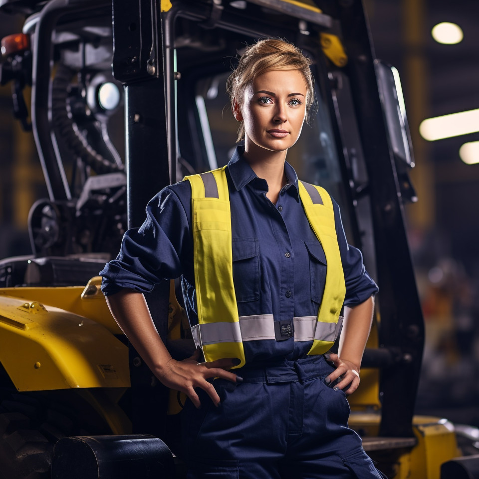 Female industrial worker operating machine on blurred background
