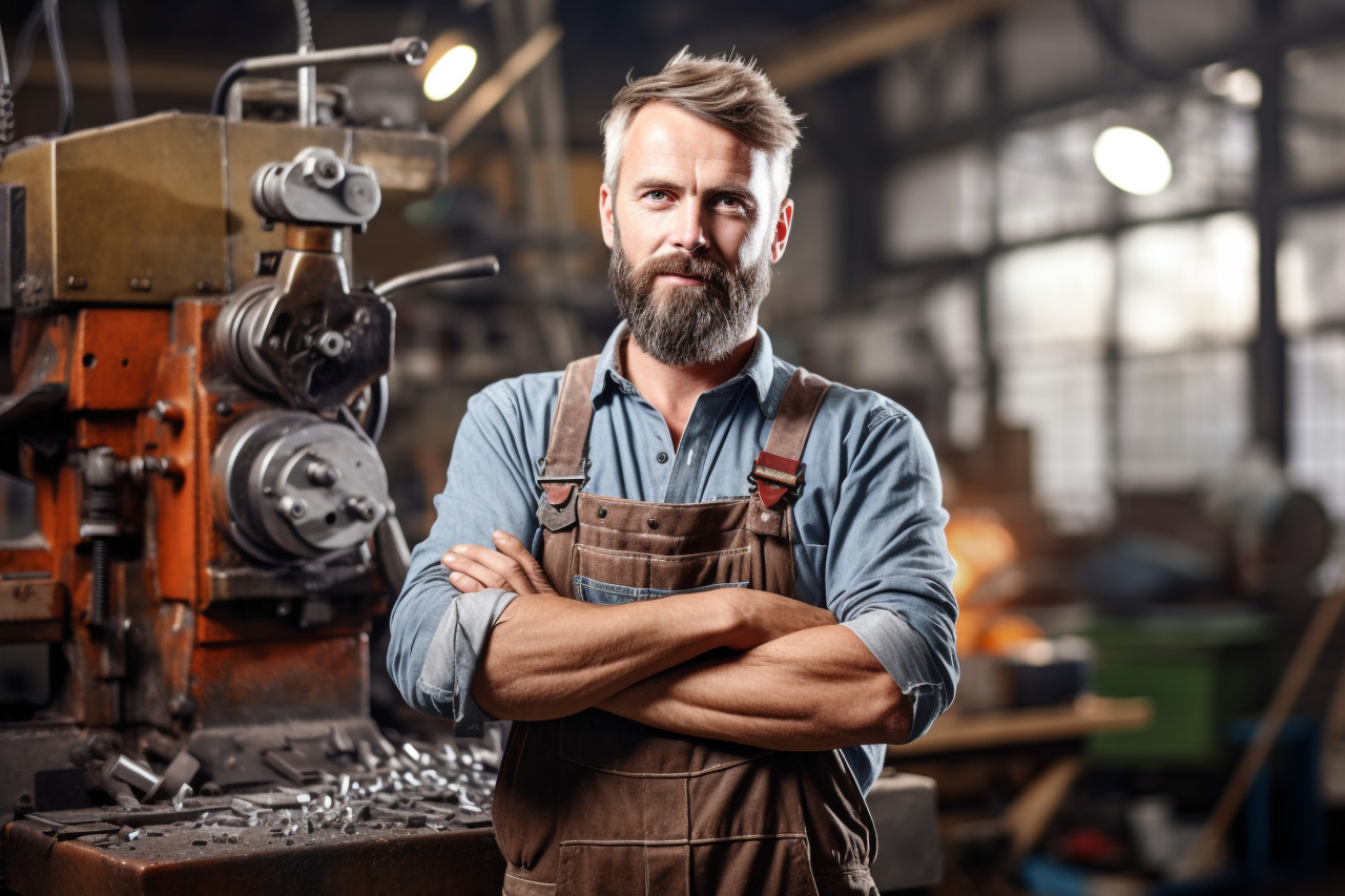 Skilled tool and die maker focused on work on blurred background