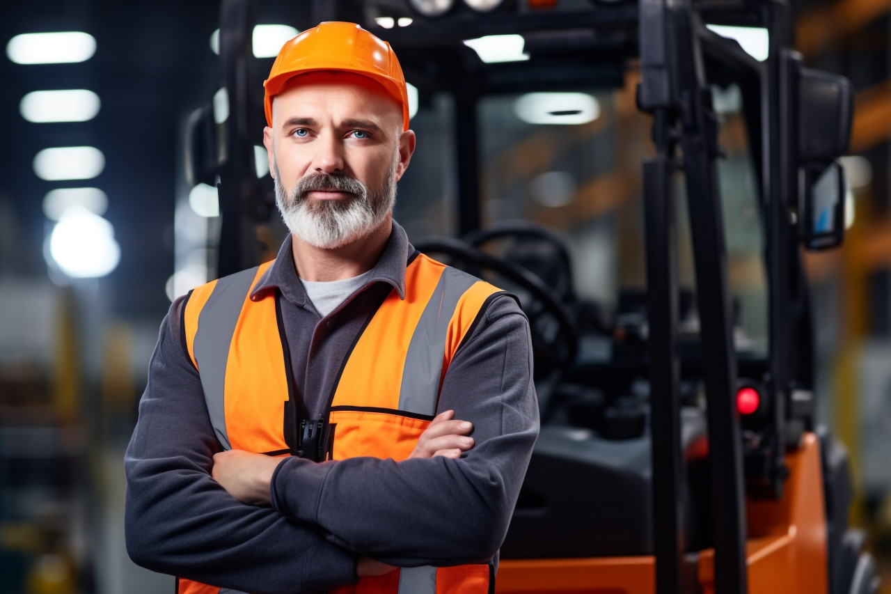 Machine operator confidently working on blurred background