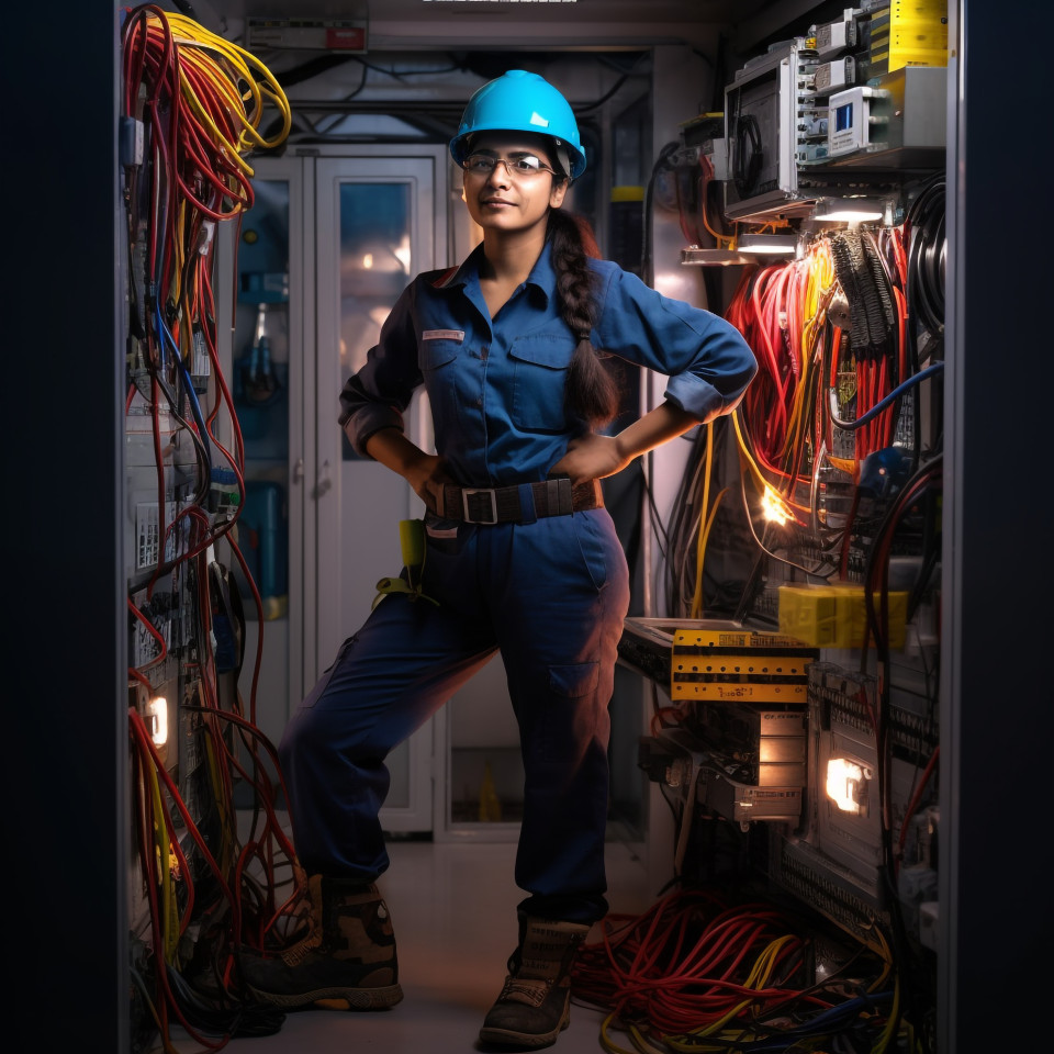 Indian female electrician working on blurred background