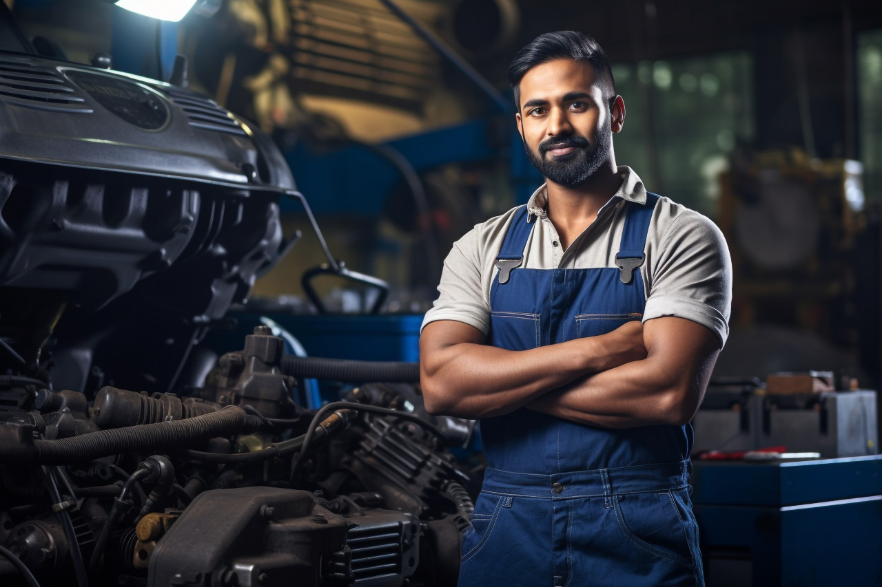 Indian mechanic working with confidence on blurred background