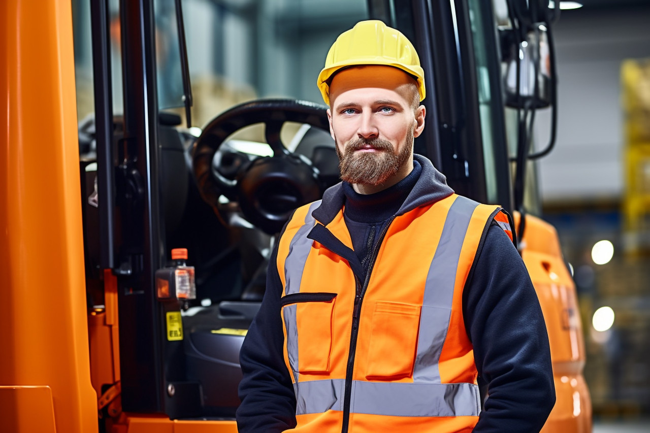 Machine operator confidently working on blurred background