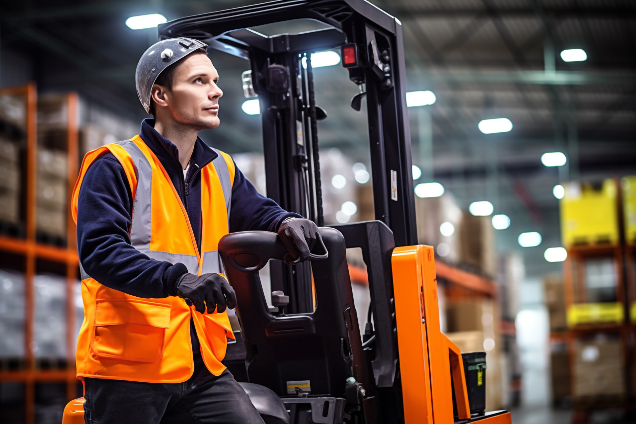 Machine operator confidently working on blurred background