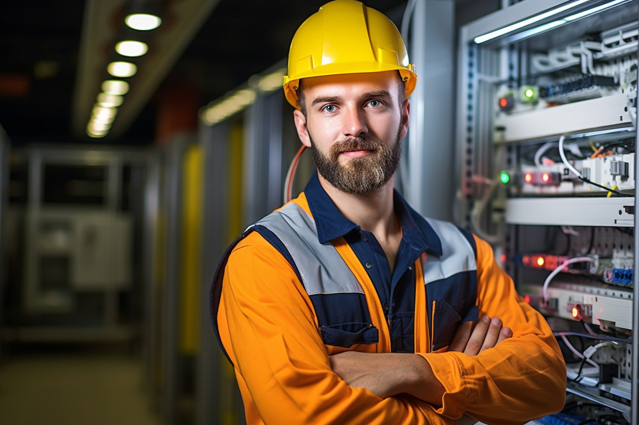 Electrician working on blurred background