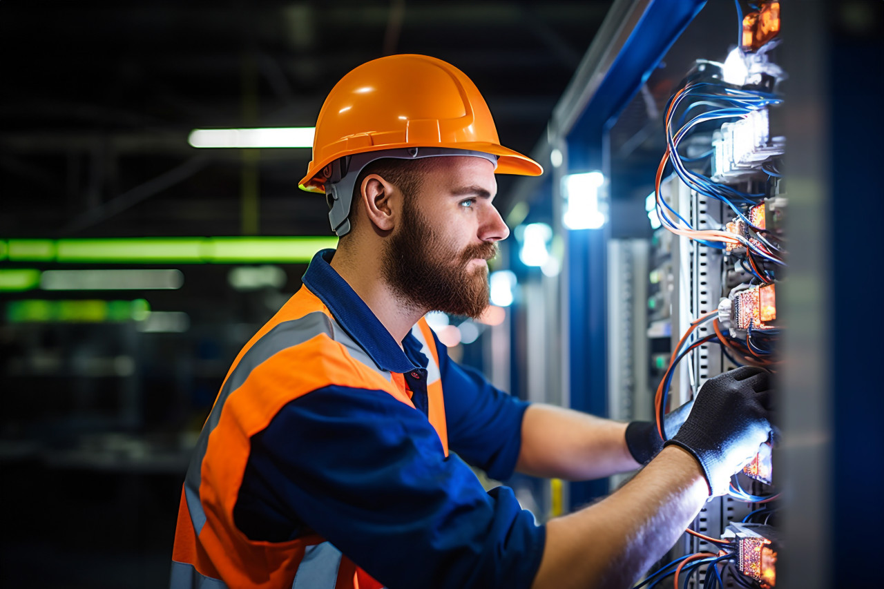 Electrician working on blurred background