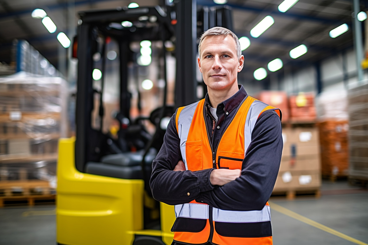 Machine operator confidently working on blurred background