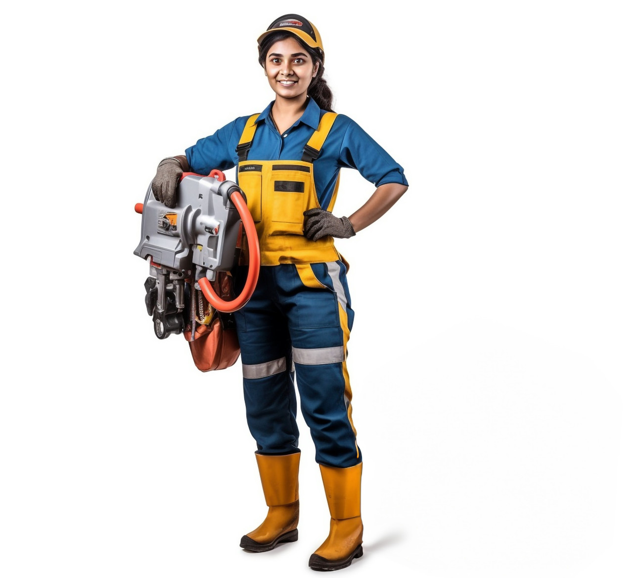 Skilled indian woman plumber stands confidently against a white background
