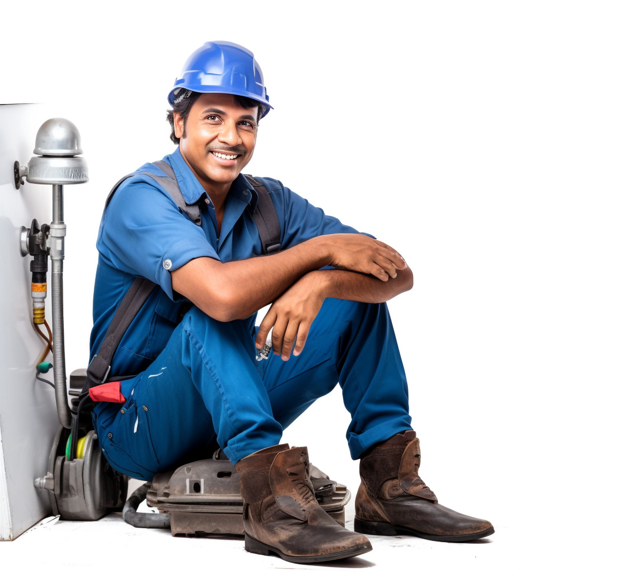 Skilled indian woman plumber stands confidently against a white background