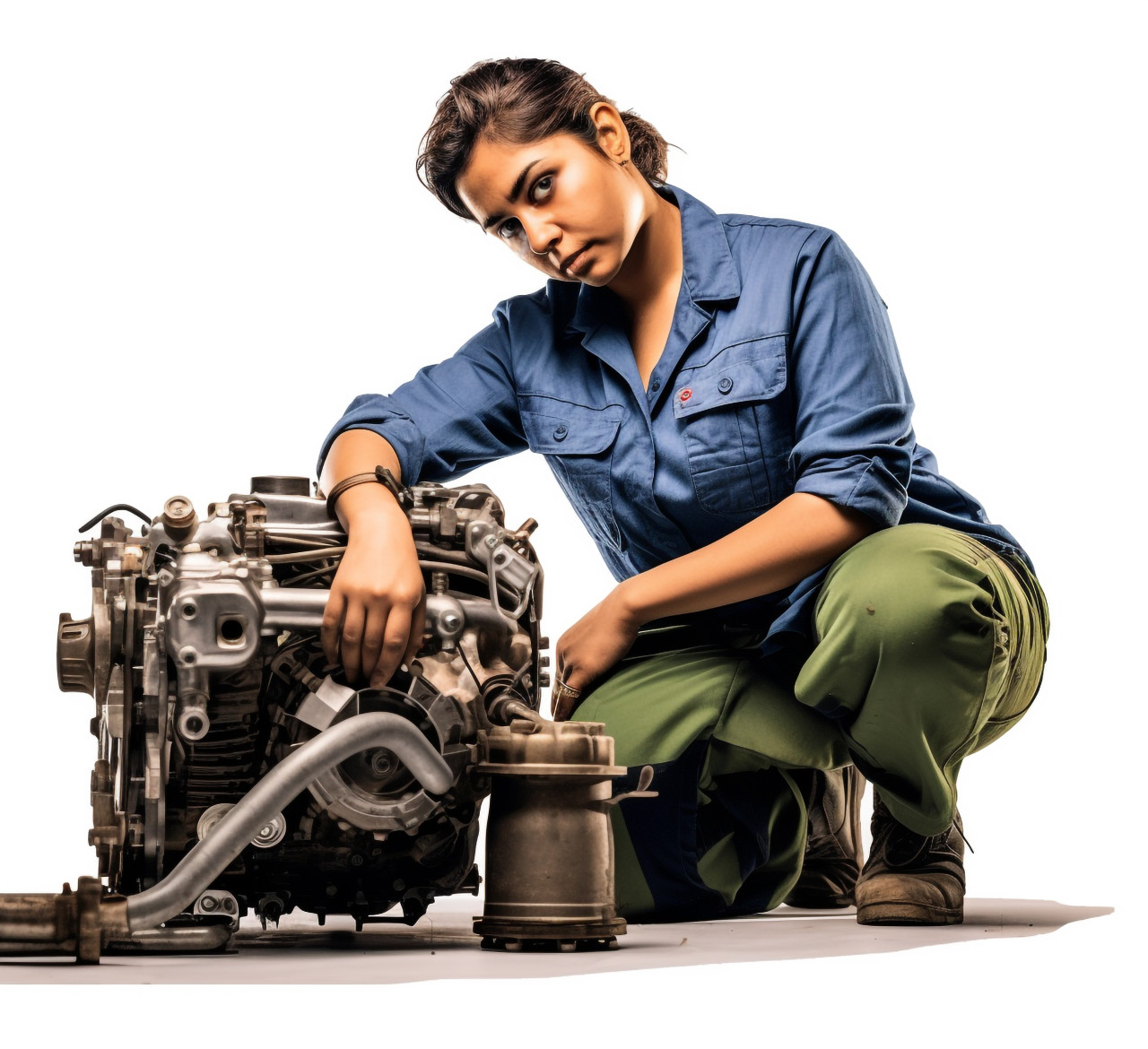 Skilled indian woman mechanic stands confidently against a white background