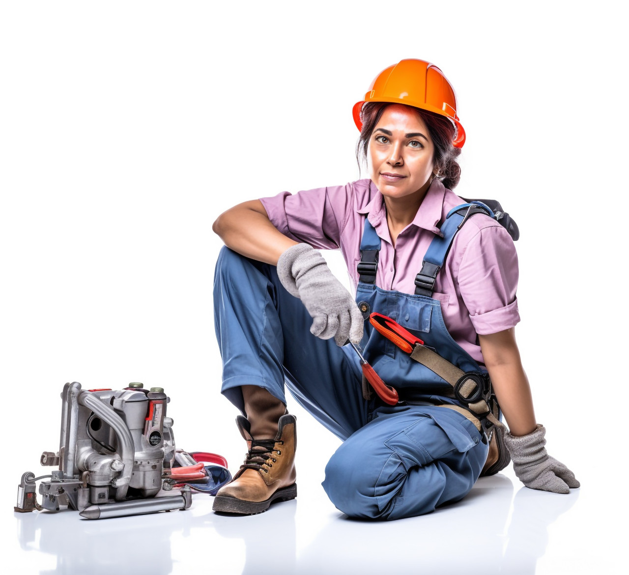 Skilled indian woman plumber stands confidently against a white background