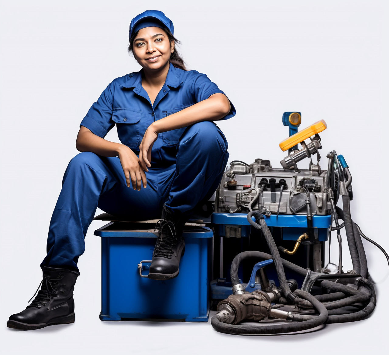 Skilled indian woman plumber stands confidently against a white background