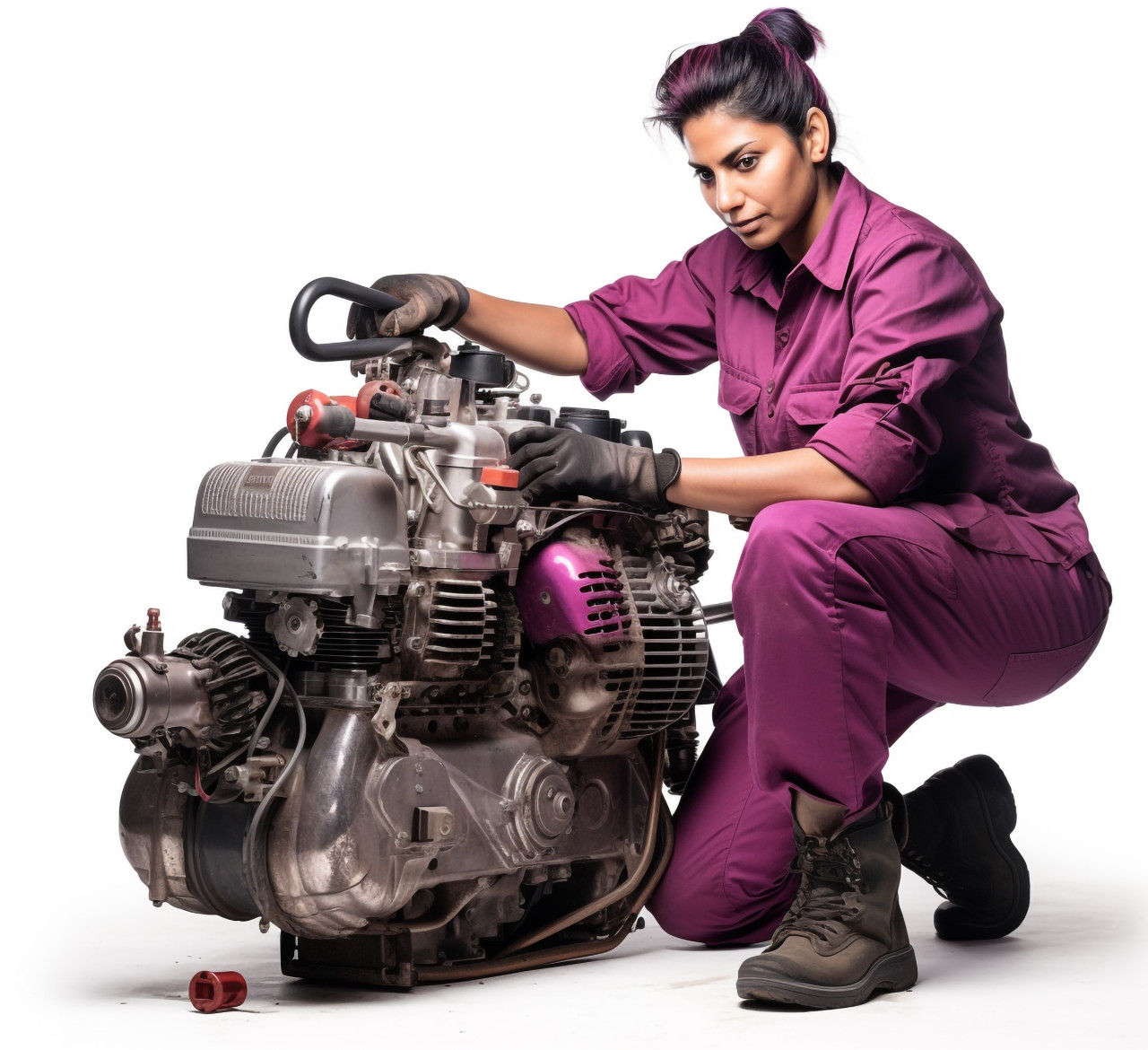 Skilled indian woman mechanic stands confidently against a white background
