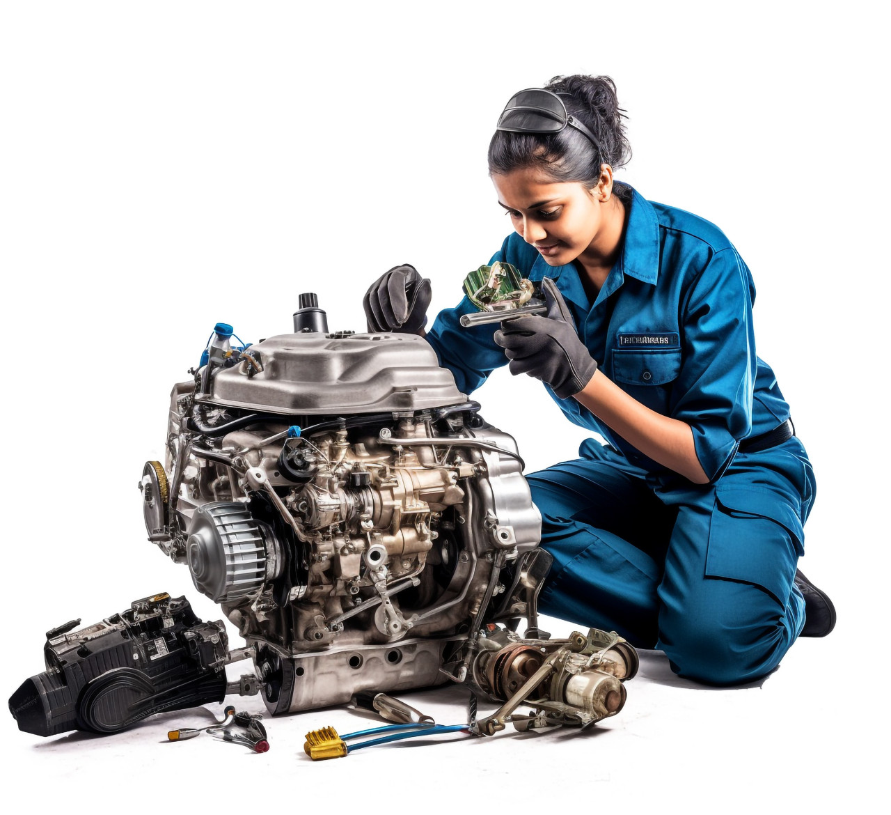 Skilled indian woman mechanic stands confidently against a white background