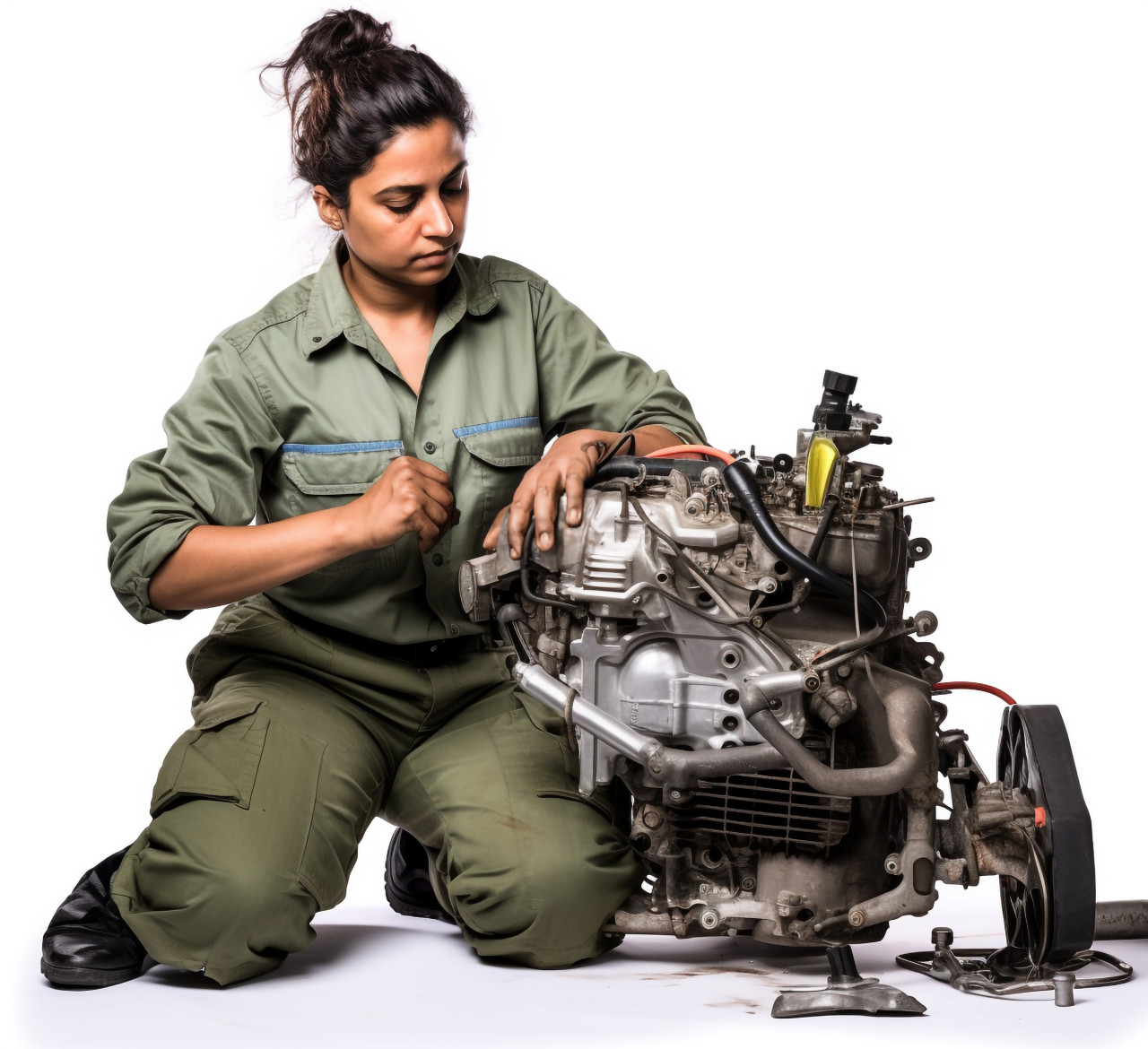 Skilled indian woman mechanic stands confidently against a white background