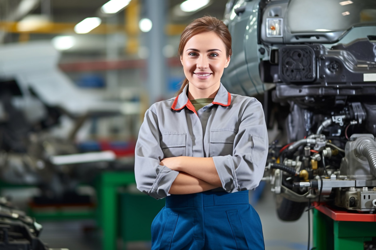 Female mechanic smiling on blurred background