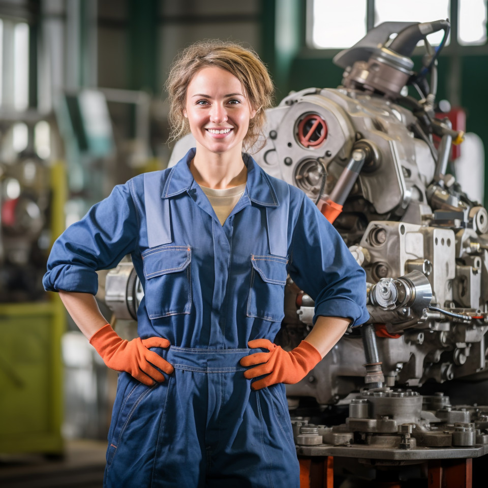 Female auto mechanic smiling while working in a garage on blurred background