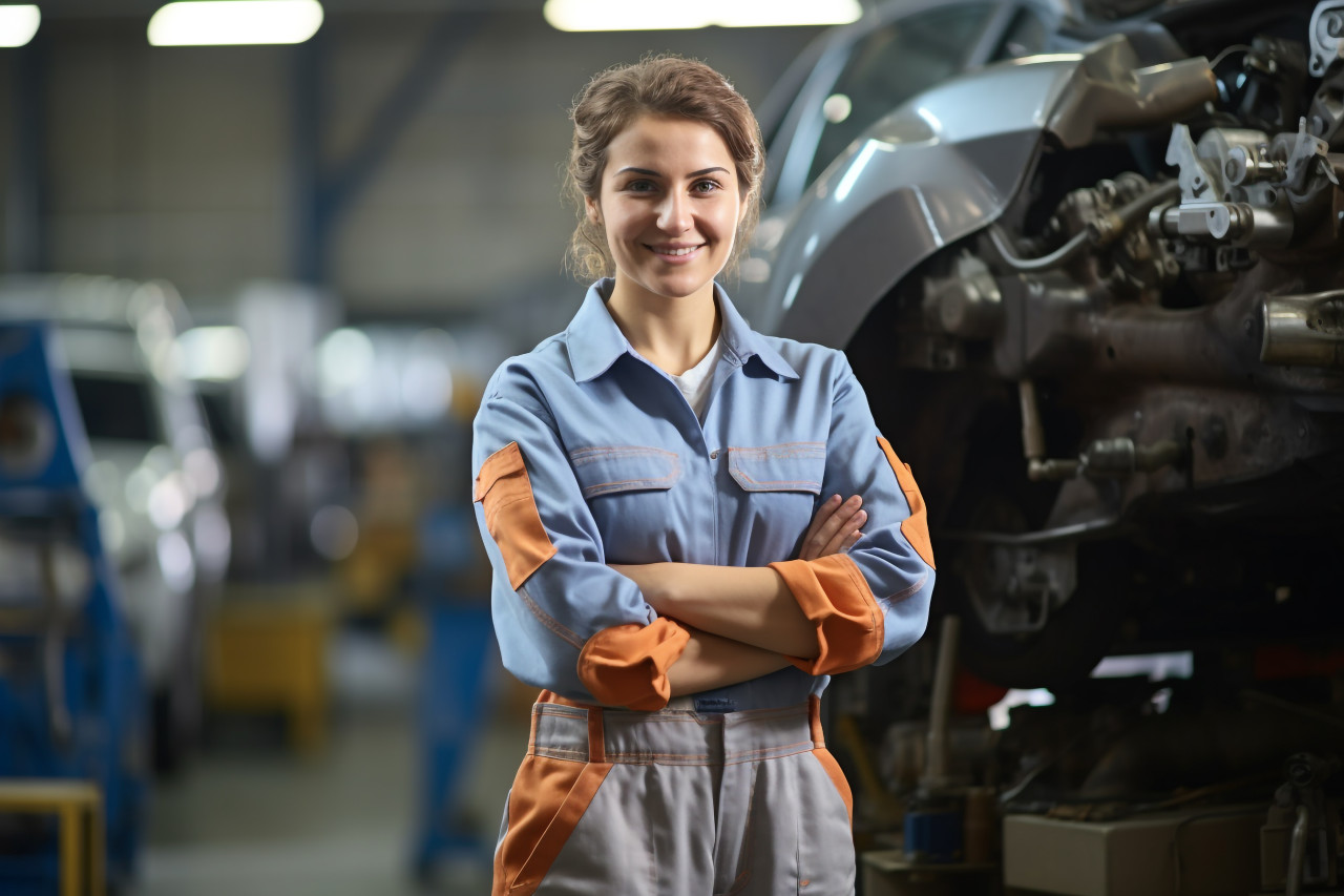Female mechanic smiling on blurred background