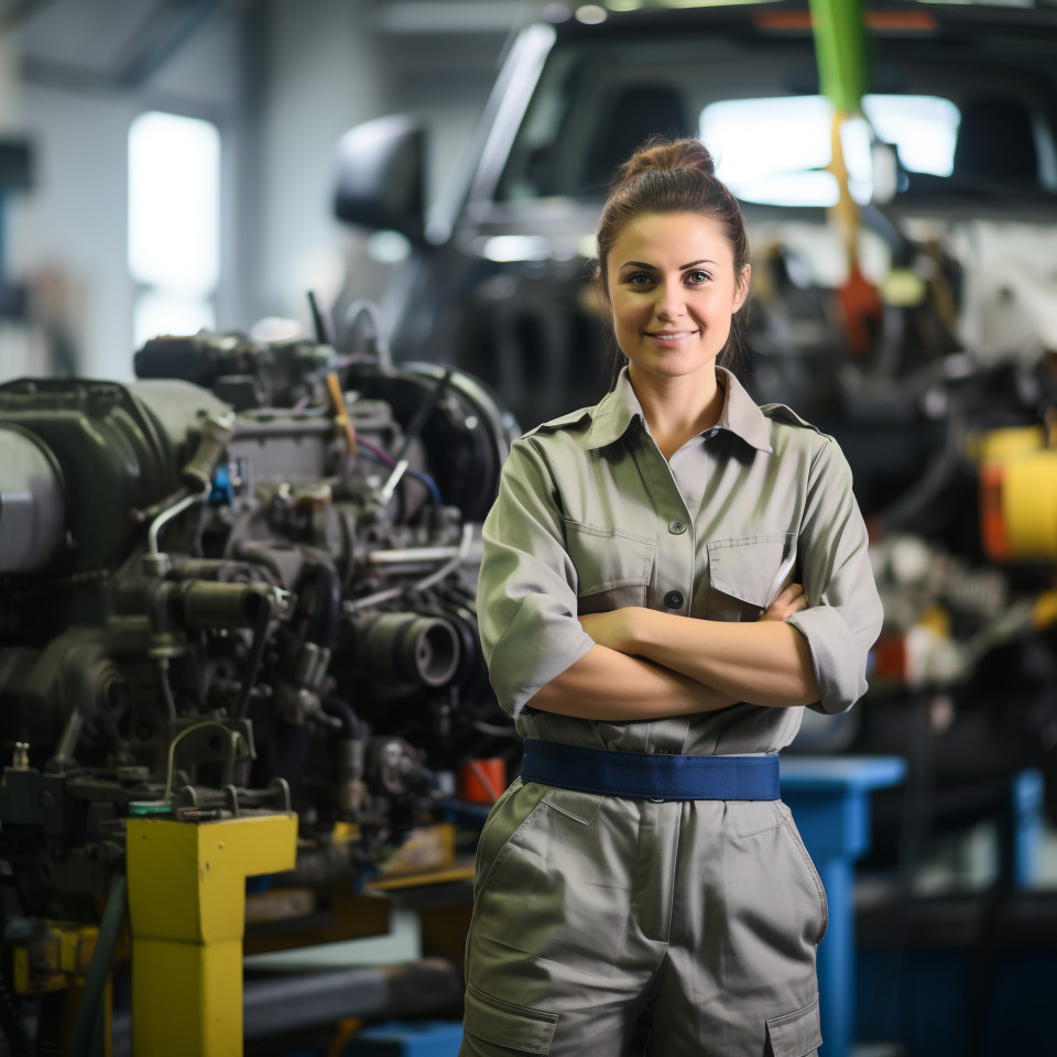 Female auto mechanic smiling while working in a garage on blurred background