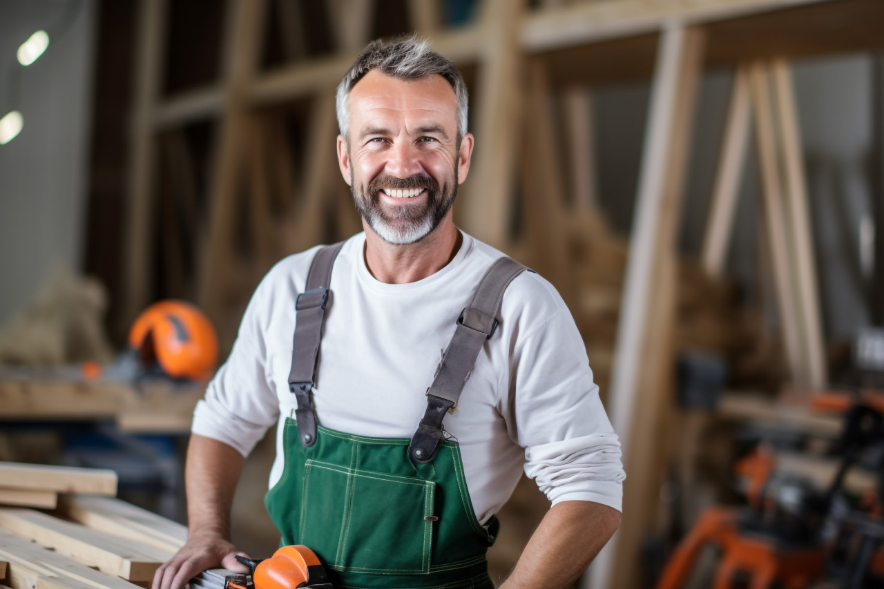 Carpenter working on blurred background