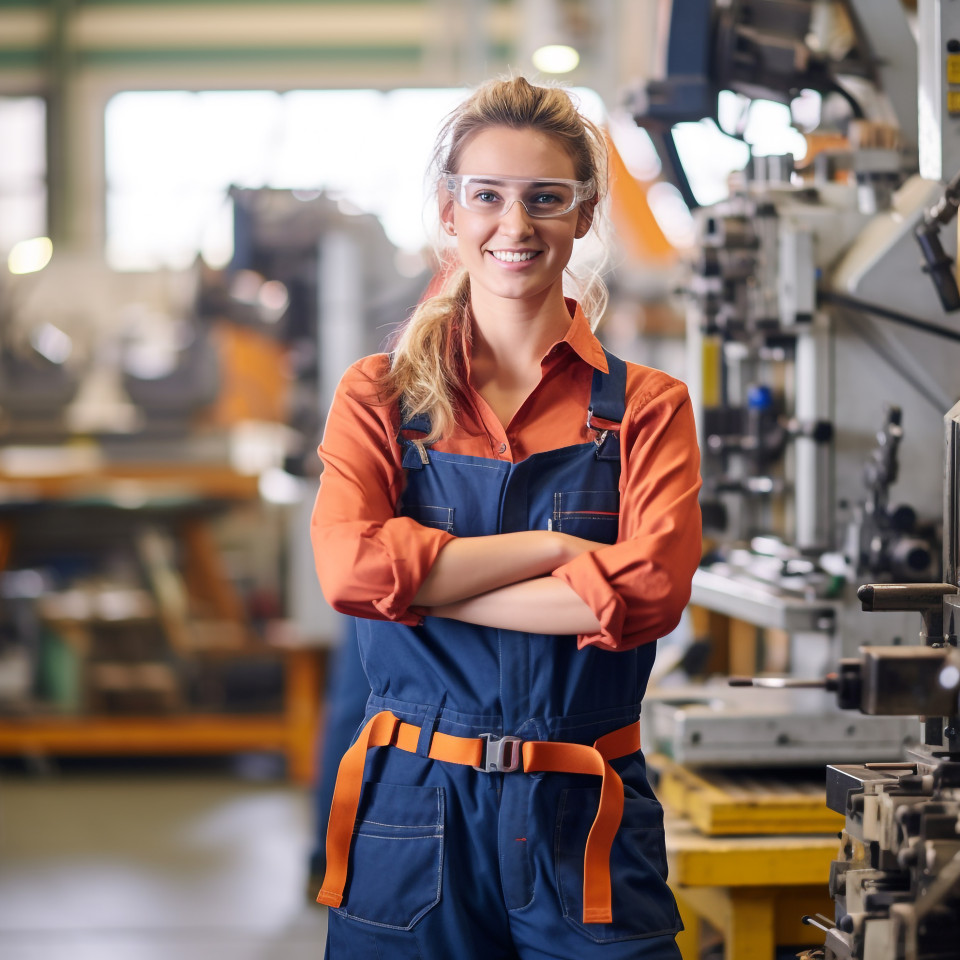 Smiling female machinist working on blurred background