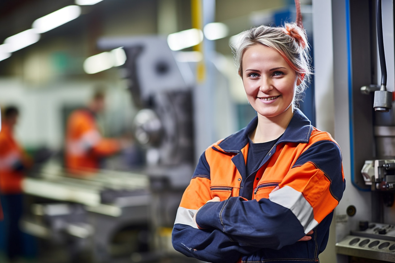 Smiling woman machinist working on blurred background