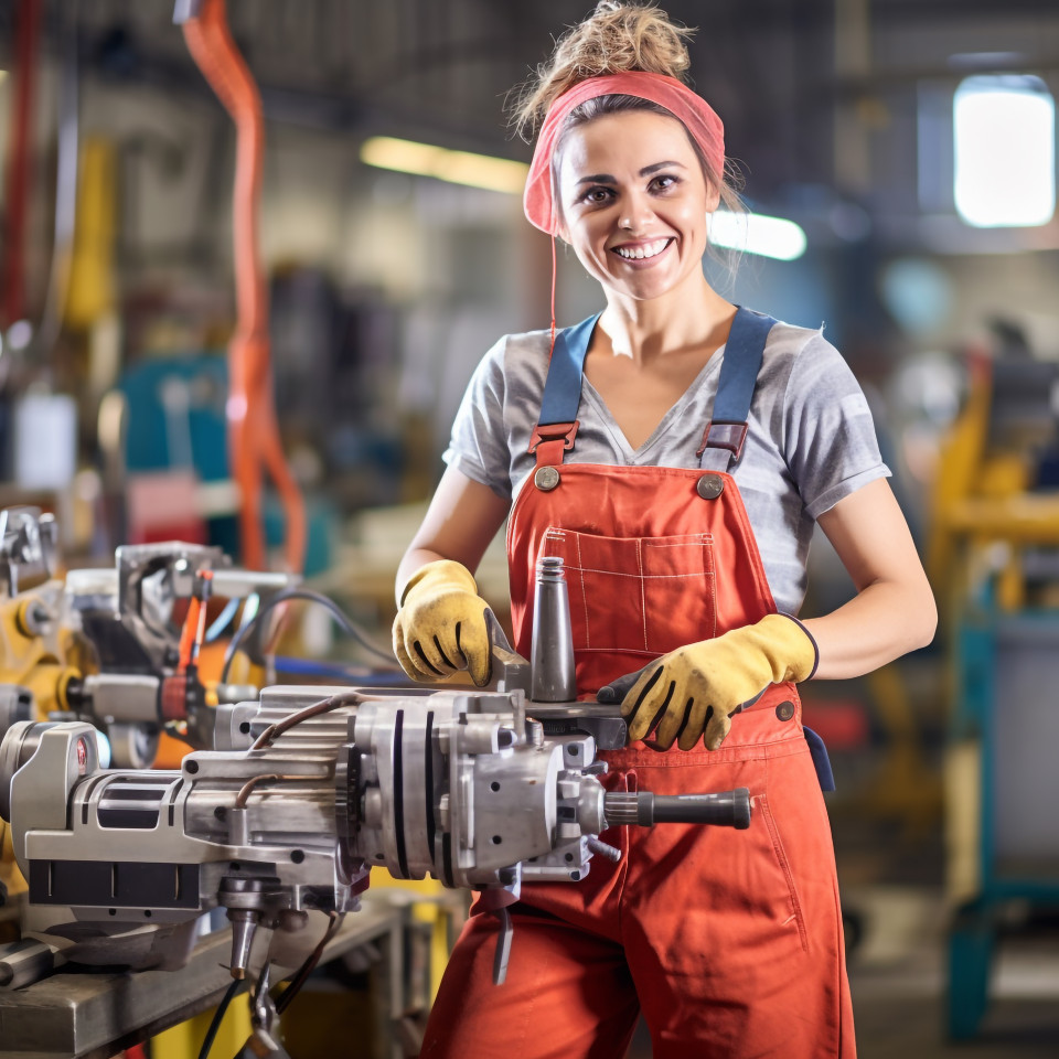 Smiling female tool and die maker working at factory on blurred background
