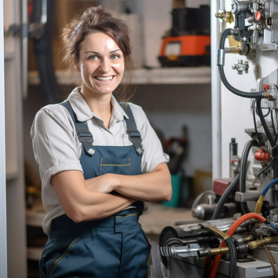 Smiling female plumber working on blurred background