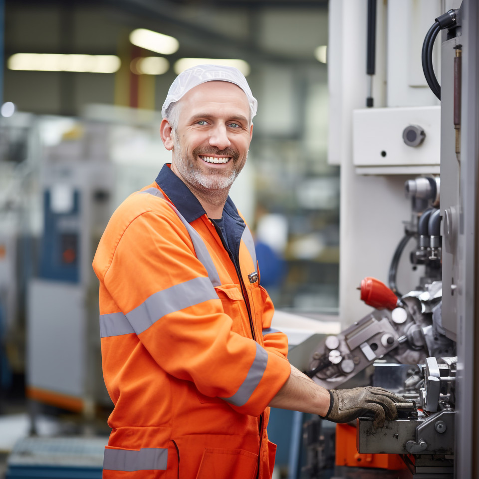 Smiling machinist working in a busy workshop on blurred background
