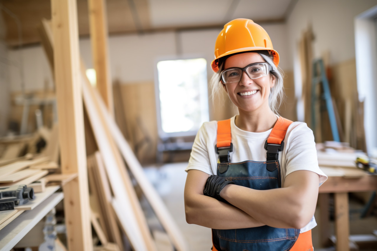 Smiling female carpenter at work on blurred background