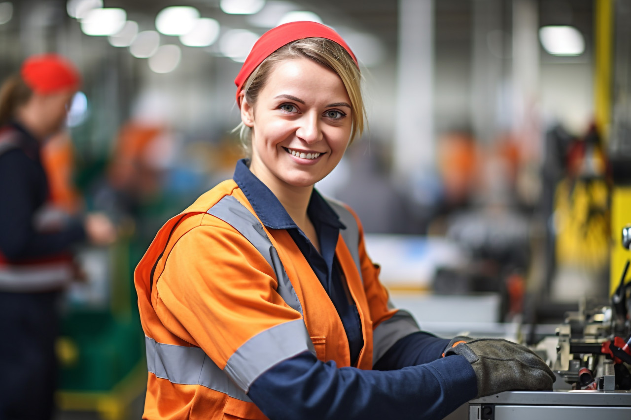 Smiling assembly line worker at work on blurred background
