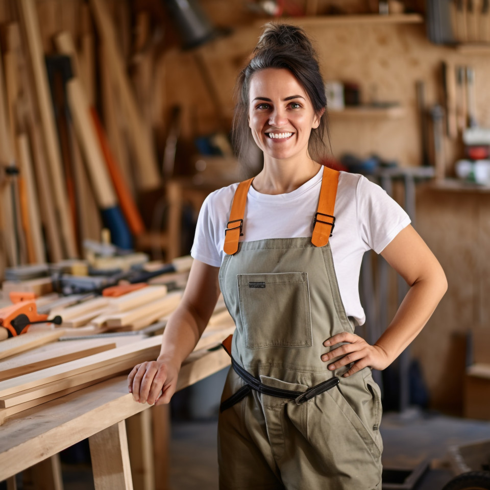 Smiling female carpenter working in blurred background