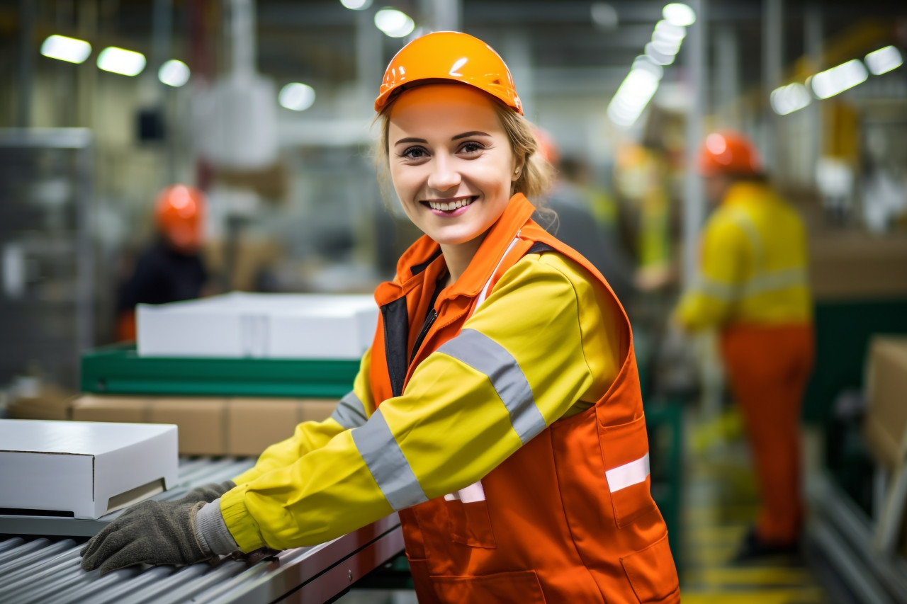 Smiling assembly line worker at work on blurred background