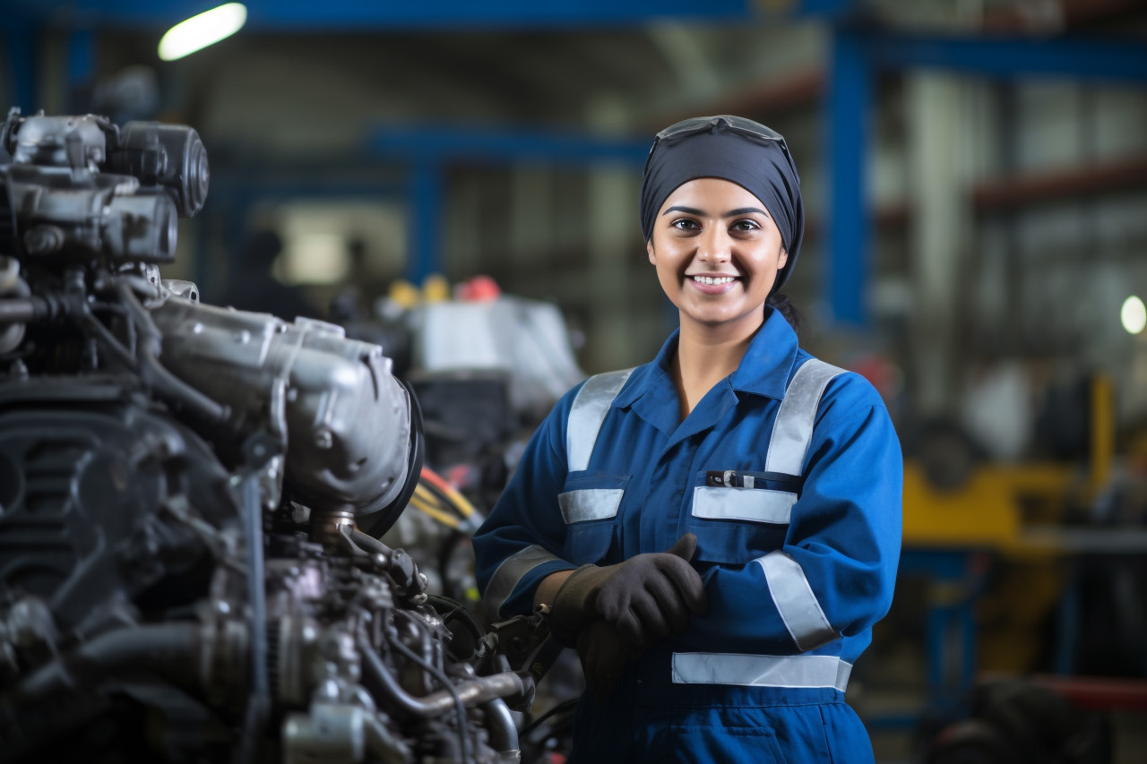 Indian woman mechanic smiling and working on blurred background