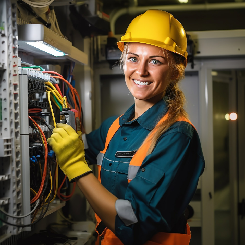 Smiling woman electrician works on blurred background