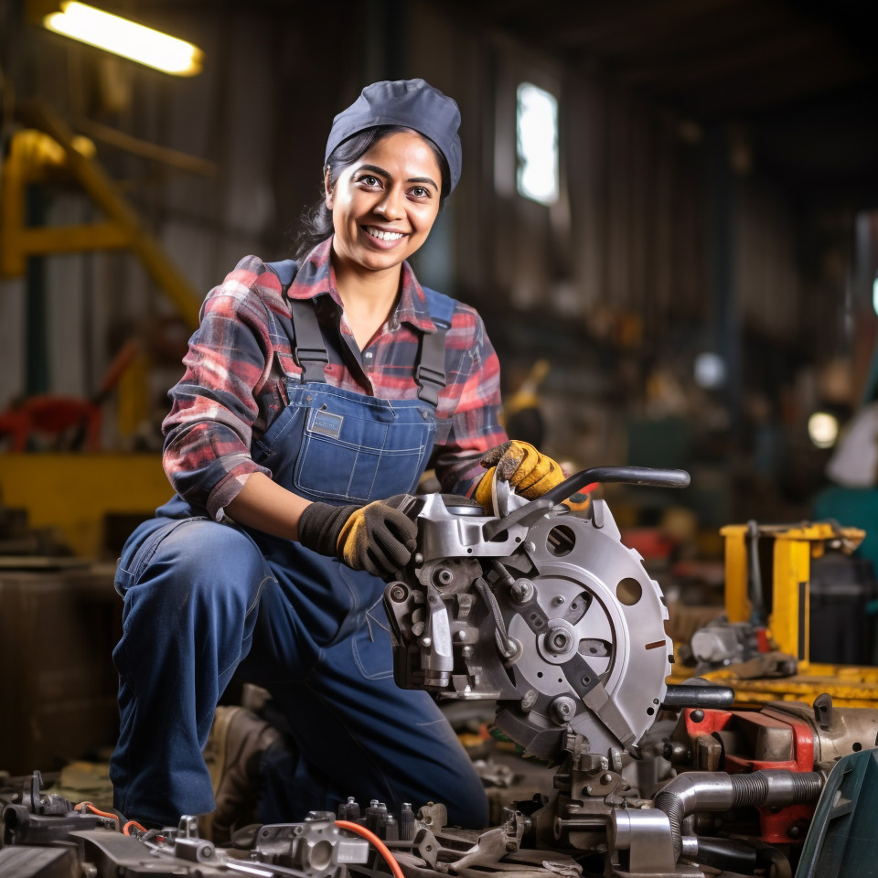 Friendly smiling indian woman tool and die maker at work on blurred background
