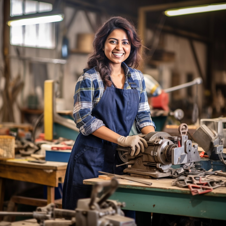 Friendly smiling indian woman tool and die maker at work on blurred background