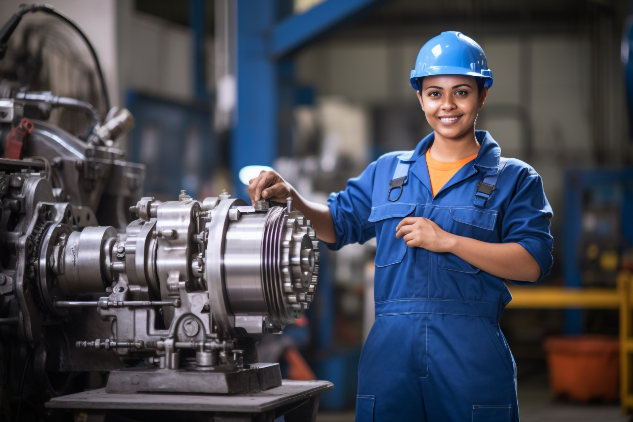 Smiling indian female machinist working in a factory on blurred background