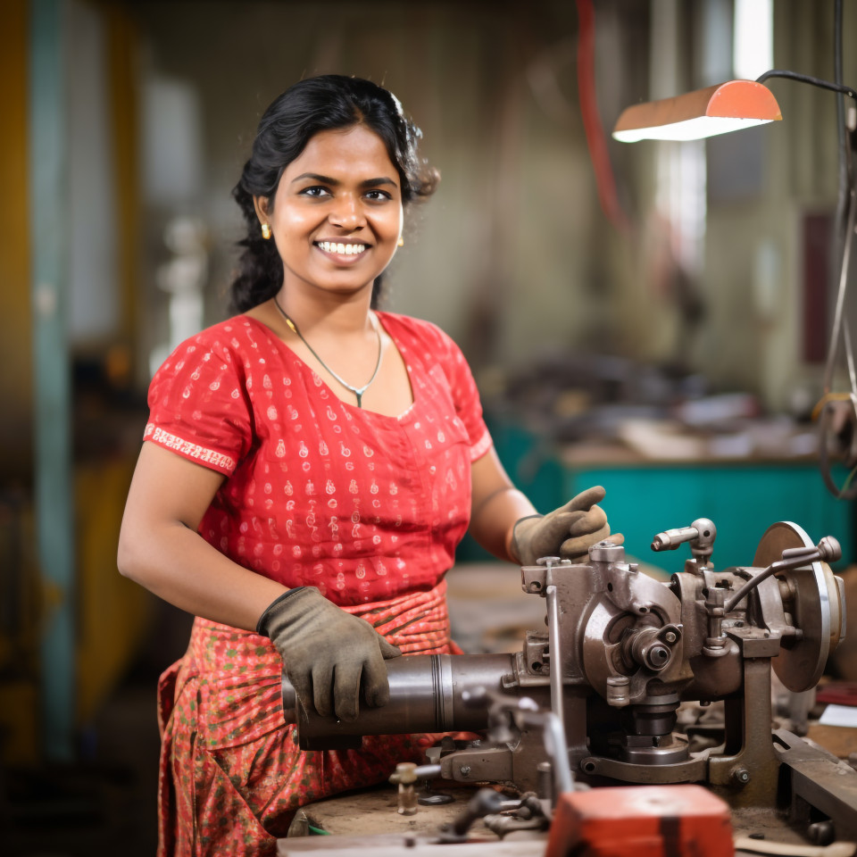 Friendly smiling indian woman tool and die maker at work on blurred background