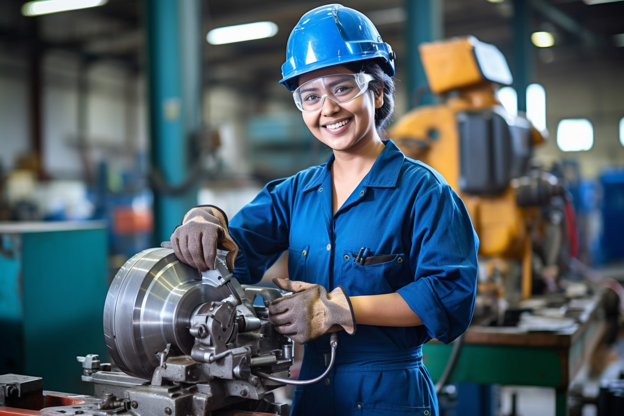 Indian woman tool and die maker working happily on blurred background