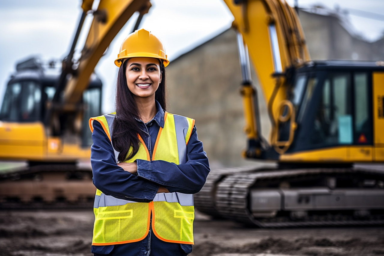 Indian woman smiles while operating a machine at work on blurred background
