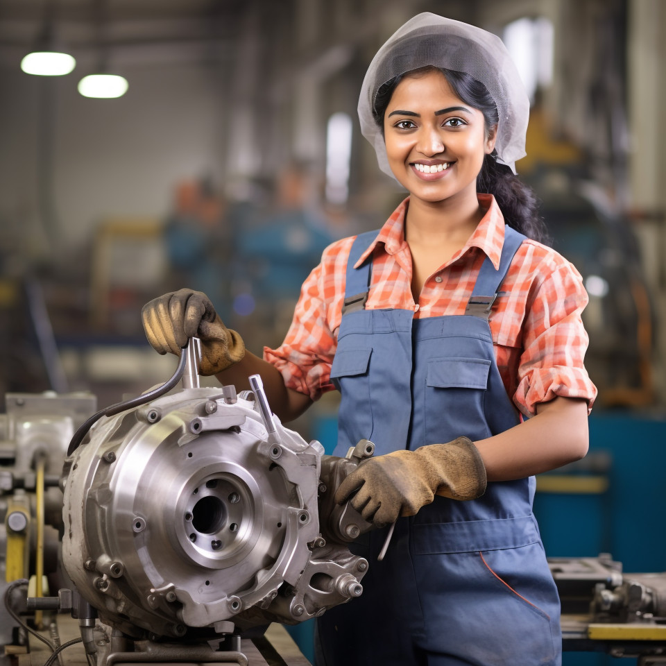 Friendly smiling indian woman tool and die maker at work on blurred background
